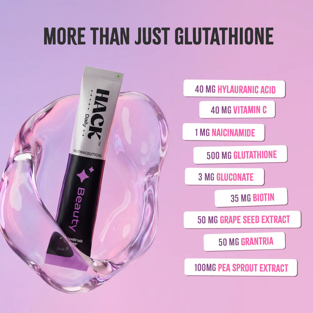 Hack Beauty drink with glutathione hyaluronic acid biotin vitamin C and niacinamide for skin glow hair strength and anti aging benefits
“glutathione drink benefits”
“hyaluronic acid supplement for skin”
“biotin supplement for hair growth India”