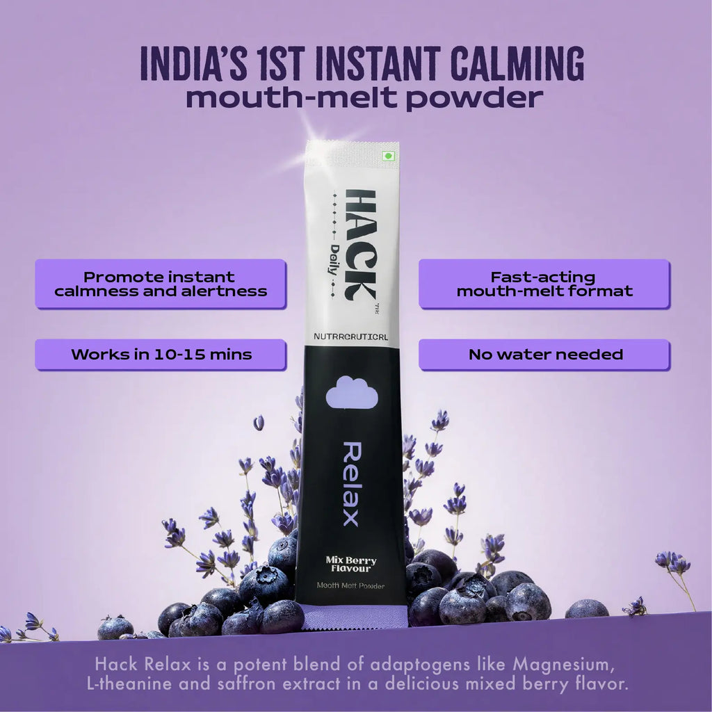 Hack Relax instant calming mouth melt powder with magnesium L theanine and saffron for stress relief calmness and relaxation support
“instant calming supplement India”
“L-theanine magnesium stress relief”
“fast acting relaxation supplement”