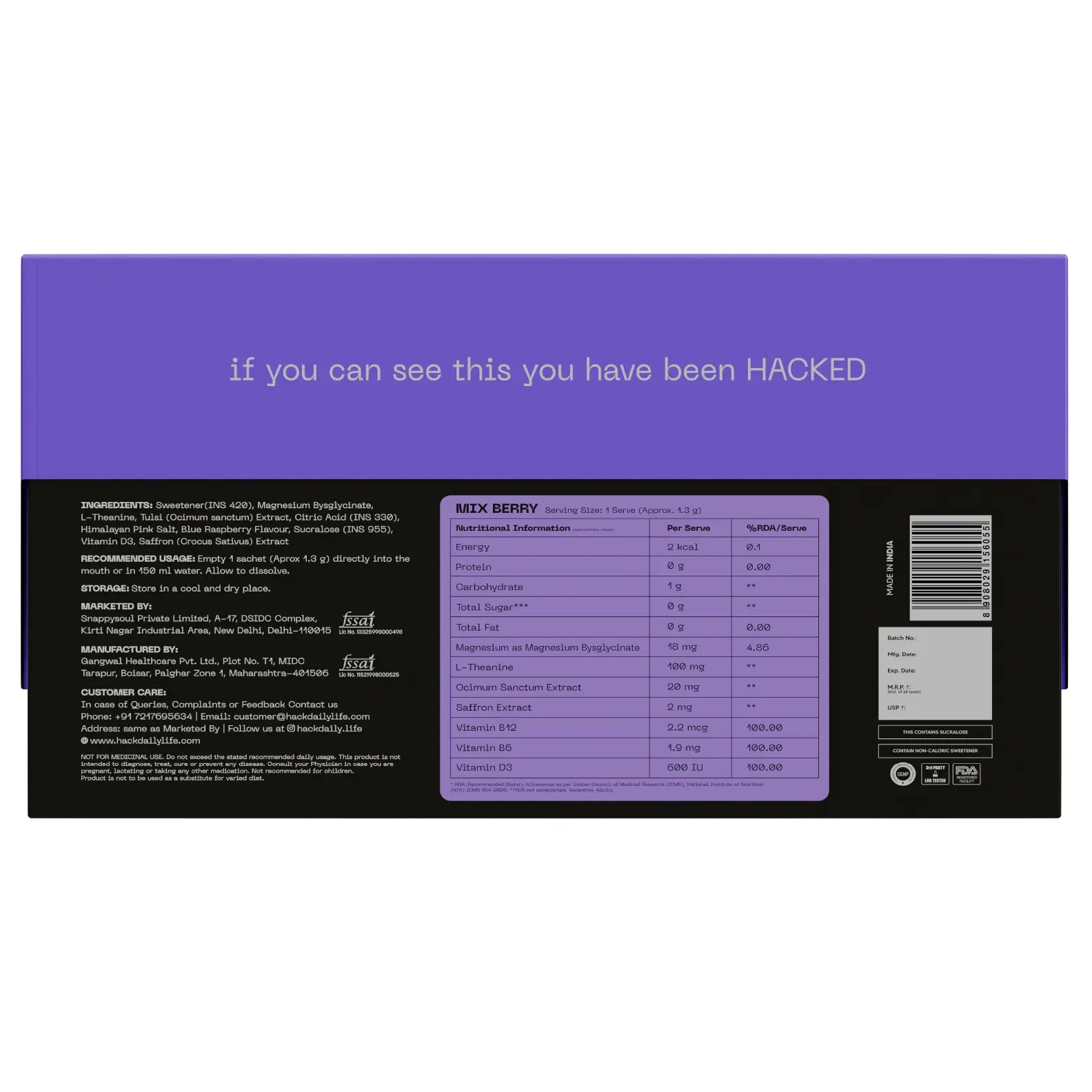 Back packaging of Hack Relax mix berry calming mouth melt powder with nutrition facts ingredients usage directions and supplement information
“ingredients of Hack Relax”
“Hack Relax nutrition facts”
“what is inside calming supplement”